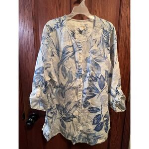 C&C California 100% Linen Floral Button Down Tunic Top Blue White Plus Size 3X